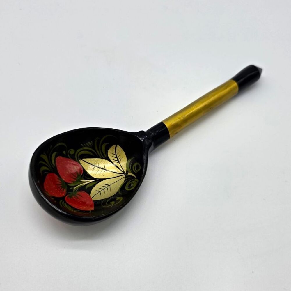 Hand-Painted Traditional Wooden Spoon, Black/Gold/Red Floral Design